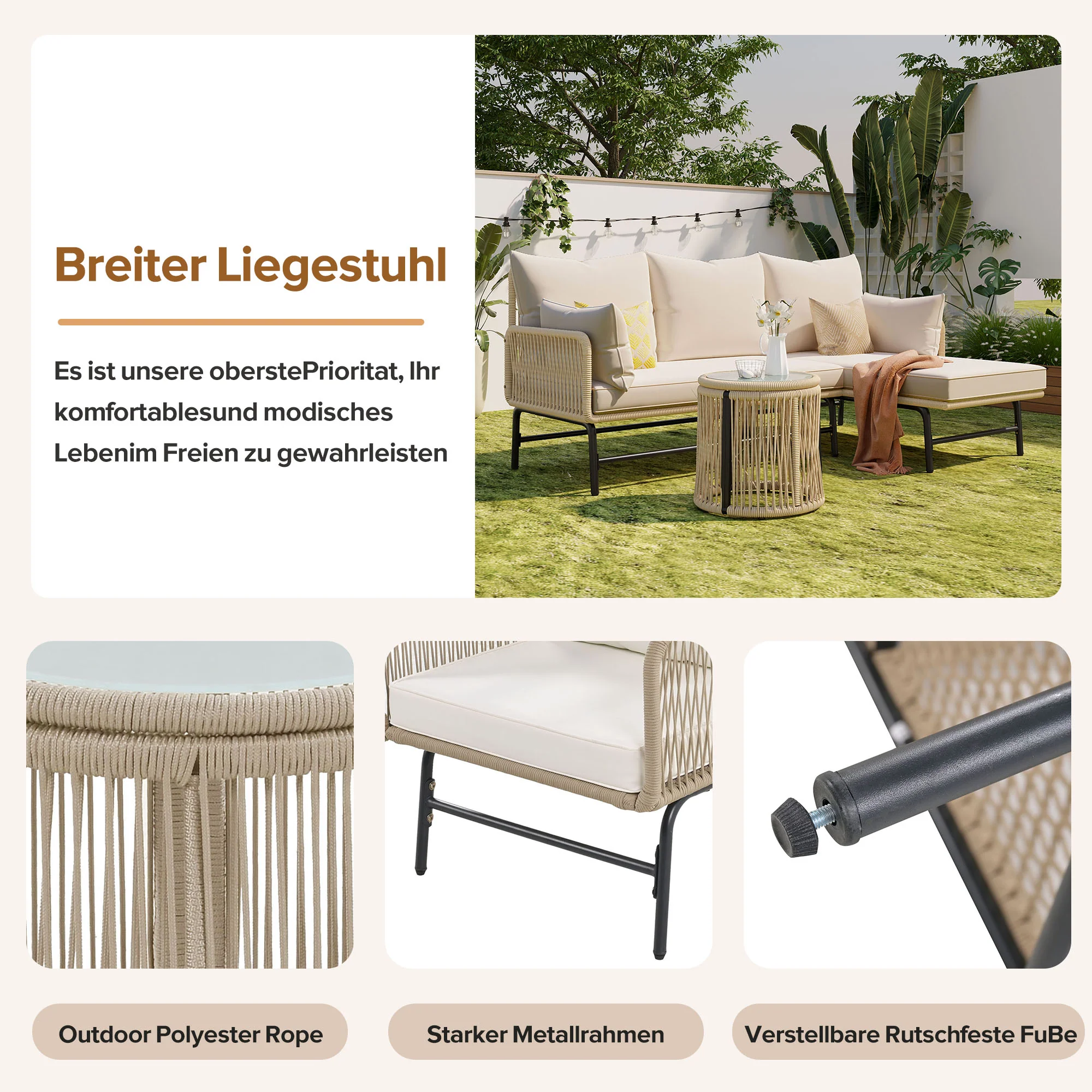 Garden Lounge Set, 6-Piece Woven Rope Furniture with Iron Frame, Beige - Image 8