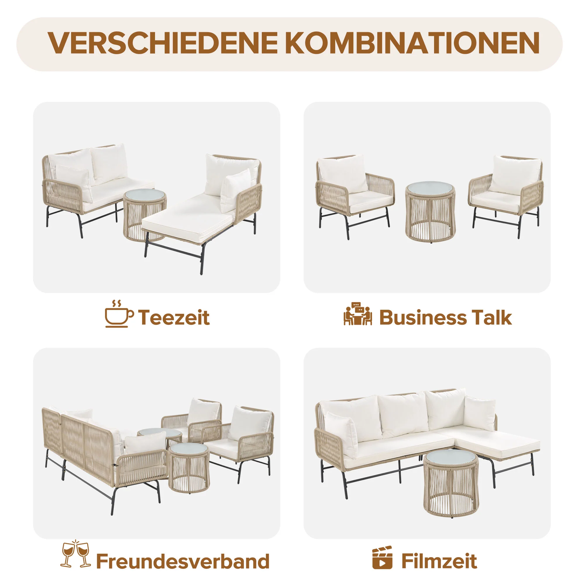 Garden Lounge Set, 6-Piece Woven Rope Furniture with Iron Frame, Beige - Image 9