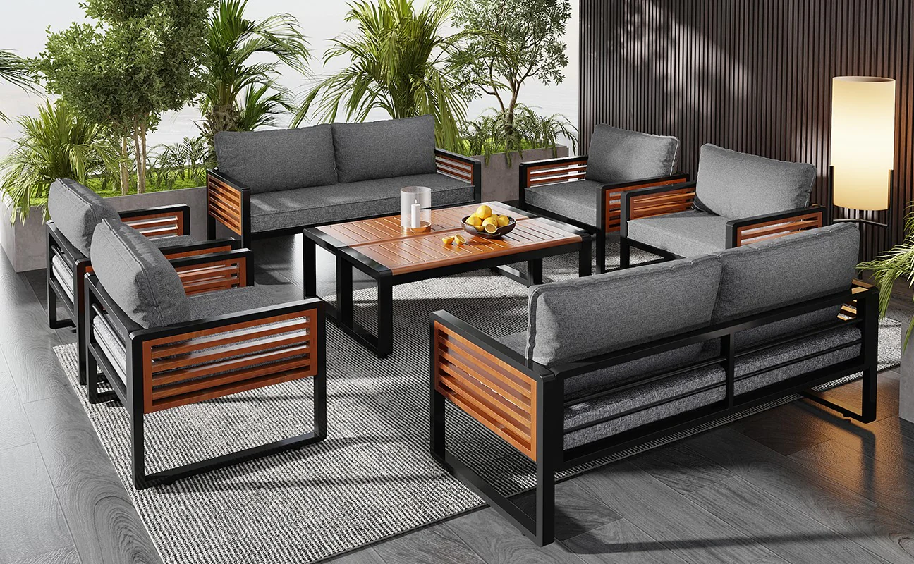 Garden Lounge Set 8-Piece Dining Set Galvanized Frame Wooden Armrests - Grey - Image 2