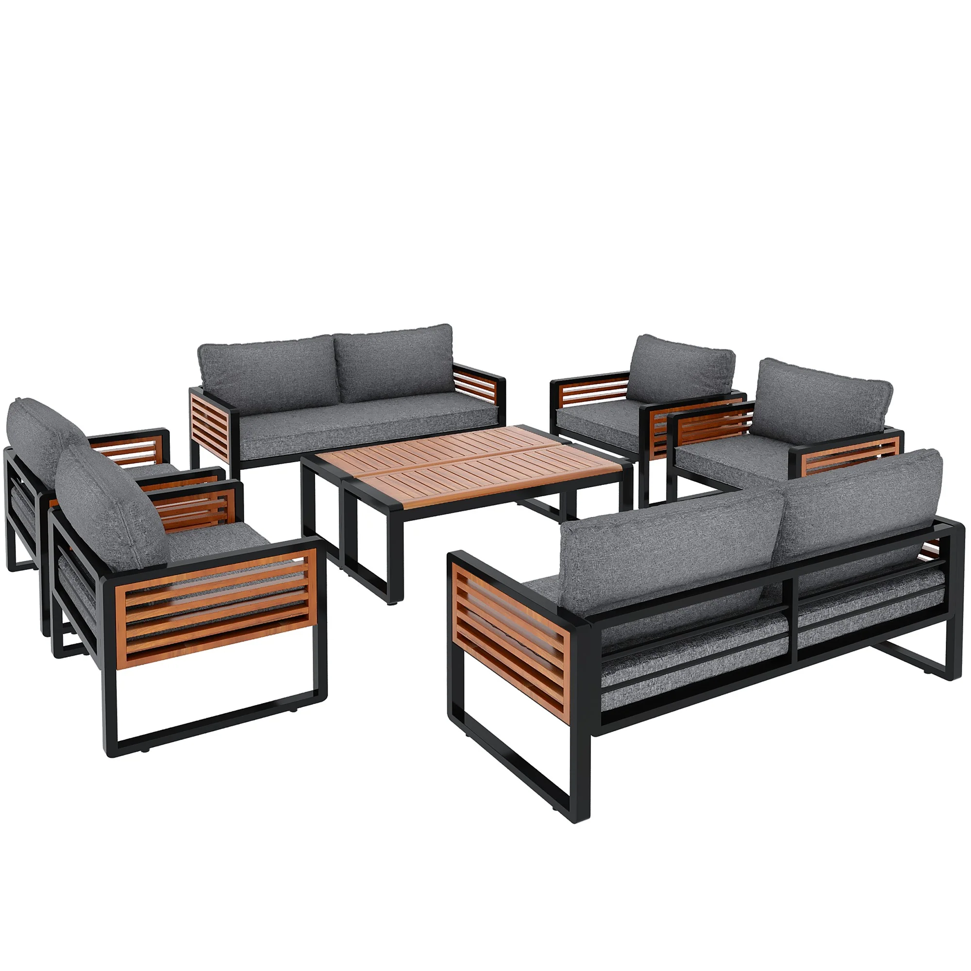 Garden Lounge Set 8-Piece Dining Set Galvanized Frame Wooden Armrests - Grey - Image 3