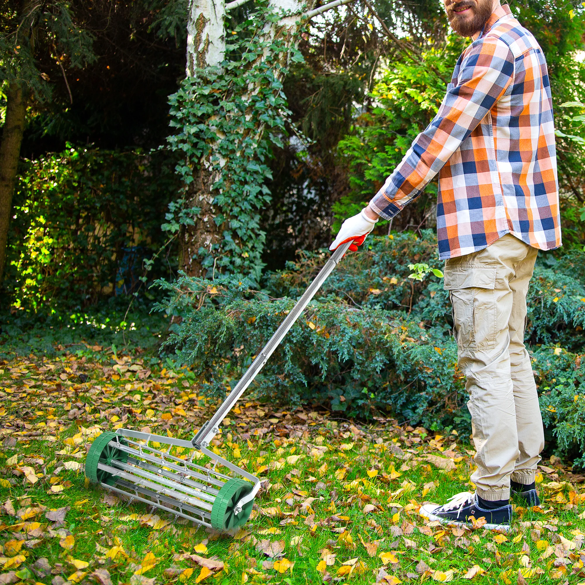 Garden Rolling Lawn Aerator, Heavy Duty Steel Grass Roller with Adjustable Handle - Image 2