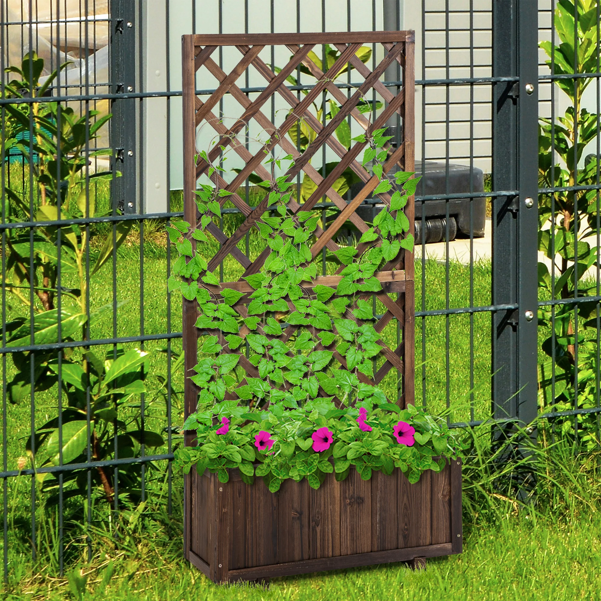 Garden Wooden Pine Trough Planter Raised Bed with Topped Trellis, 45L, for Climbing Plants, Carbonised Finish