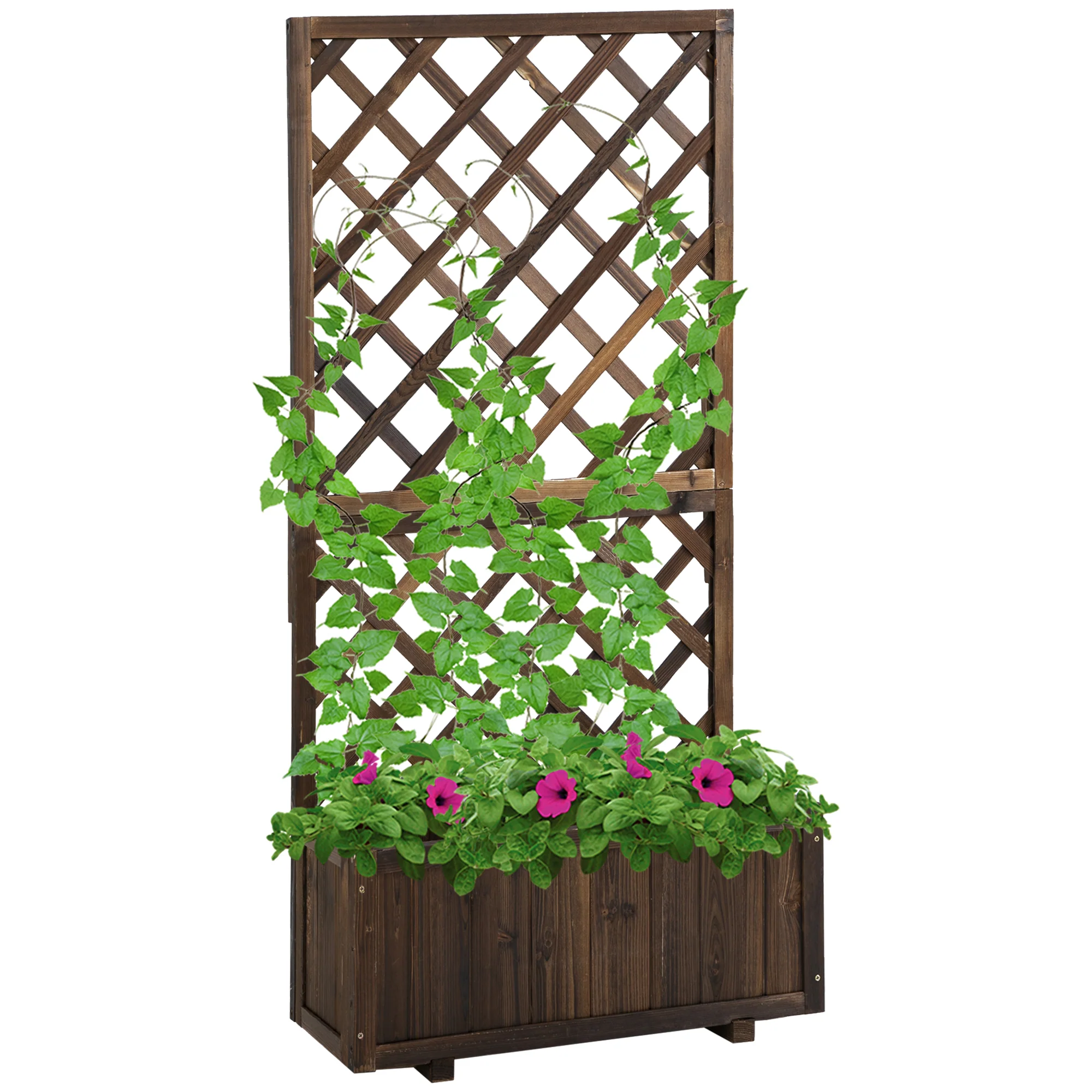Garden Wooden Pine Trough Planter Raised Bed with Topped Trellis, 45L, for Climbing Plants, Carbonised Finish - Image 2