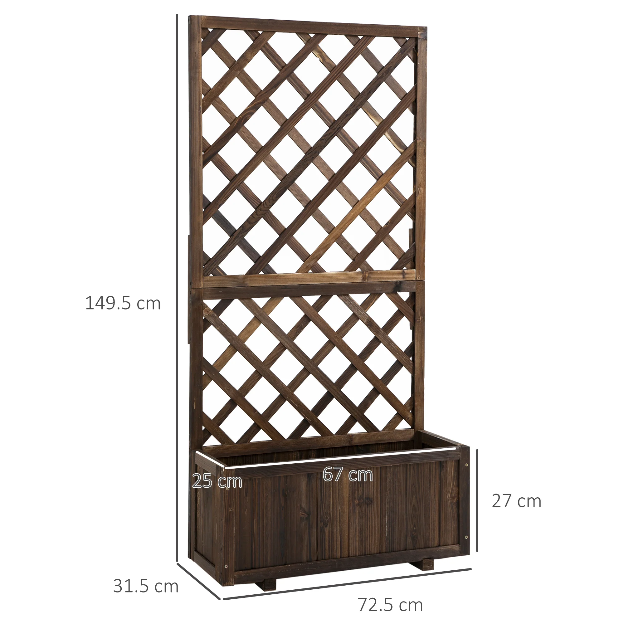 Garden Wooden Pine Trough Planter Raised Bed with Topped Trellis, 45L, for Climbing Plants, Carbonised Finish - Image 3