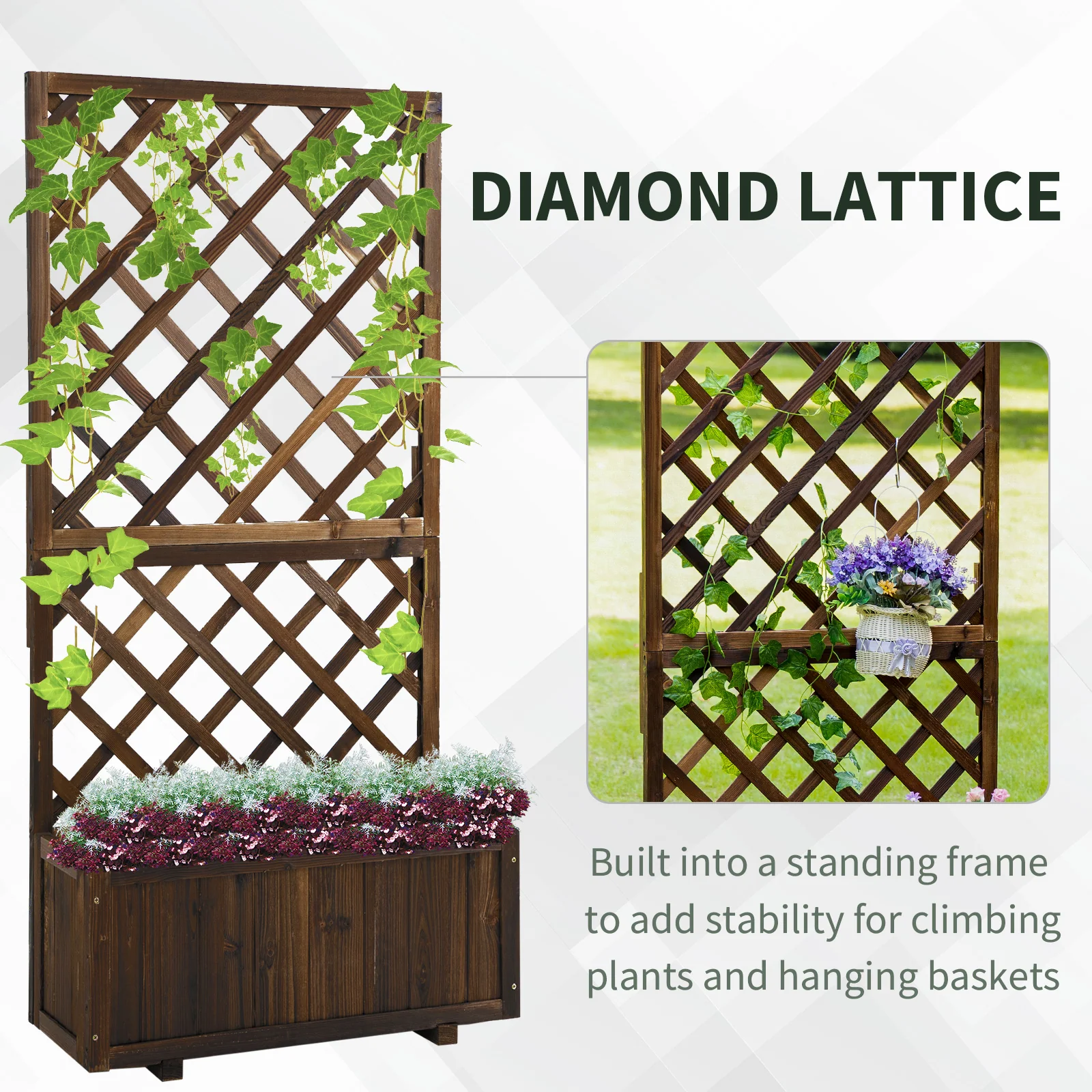 Garden Wooden Pine Trough Planter Raised Bed with Topped Trellis, 45L, for Climbing Plants, Carbonised Finish - Image 4
