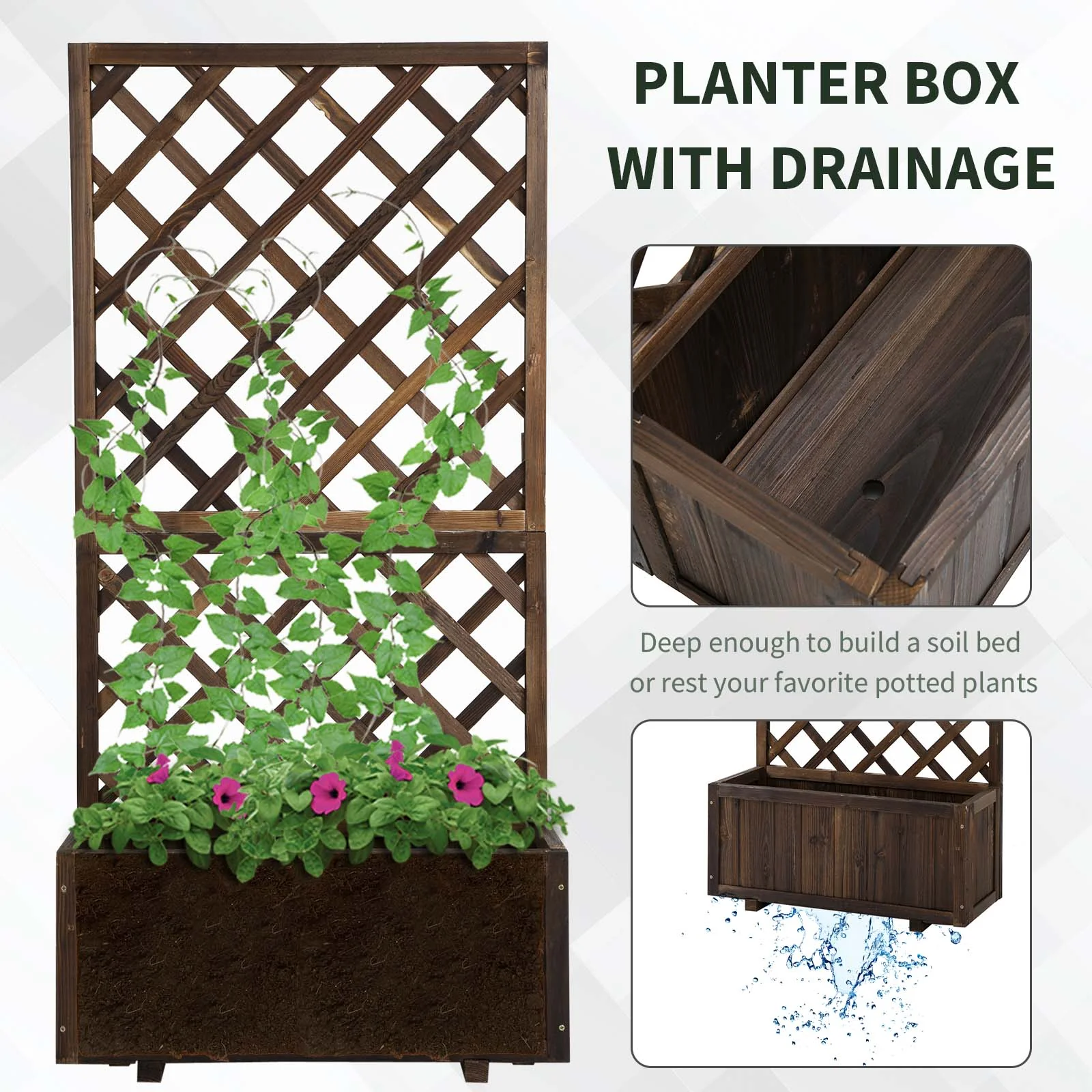 Garden Wooden Pine Trough Planter Raised Bed with Topped Trellis, 45L, for Climbing Plants, Carbonised Finish - Image 5