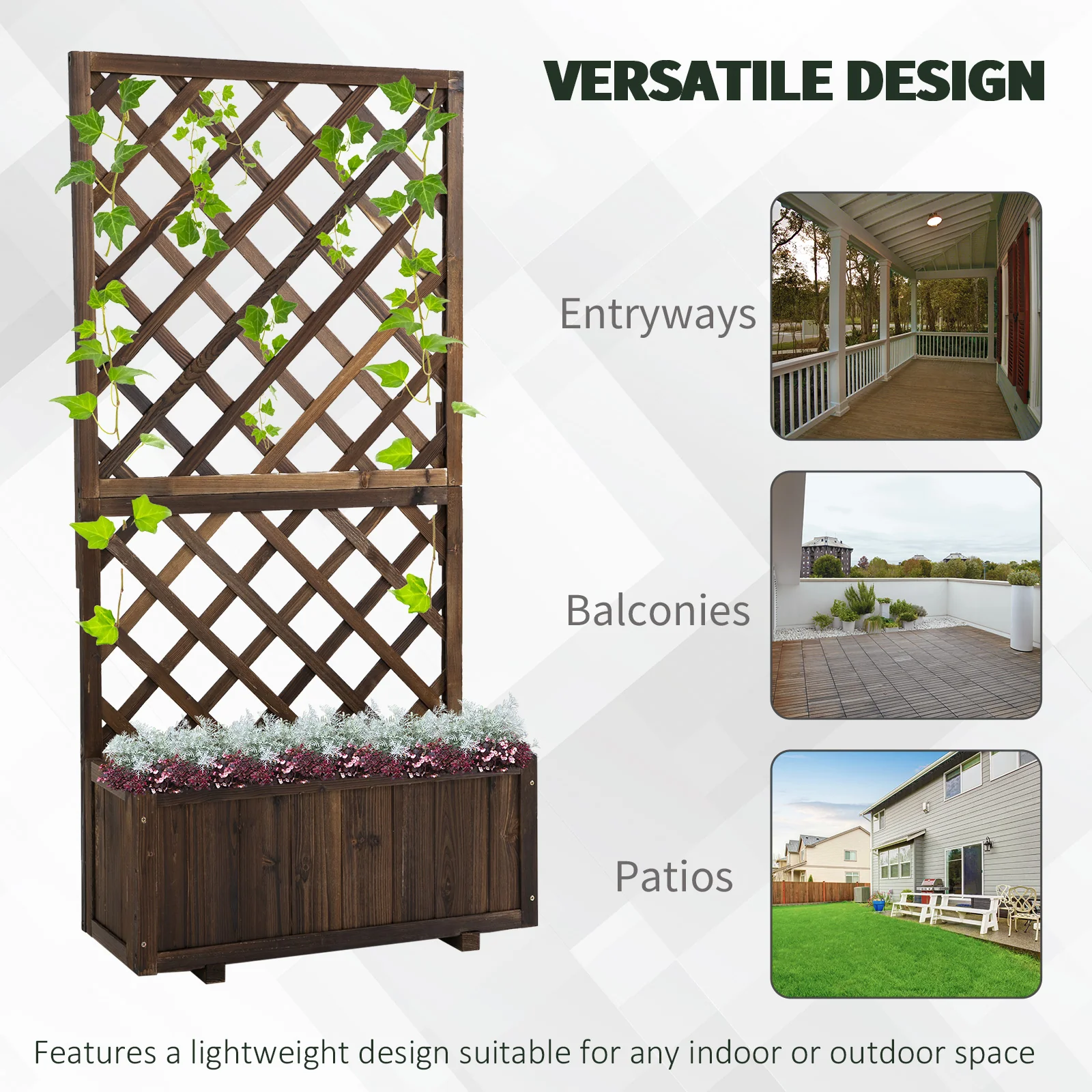 Garden Wooden Pine Trough Planter Raised Bed with Topped Trellis, 45L, for Climbing Plants, Carbonised Finish - Image 6