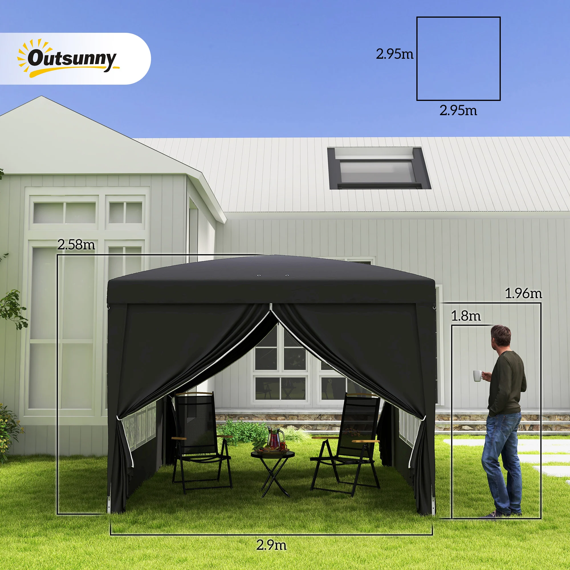 Gazebo 3x3m, Water-Repellent Pop-Up Folding, Black - Image 3