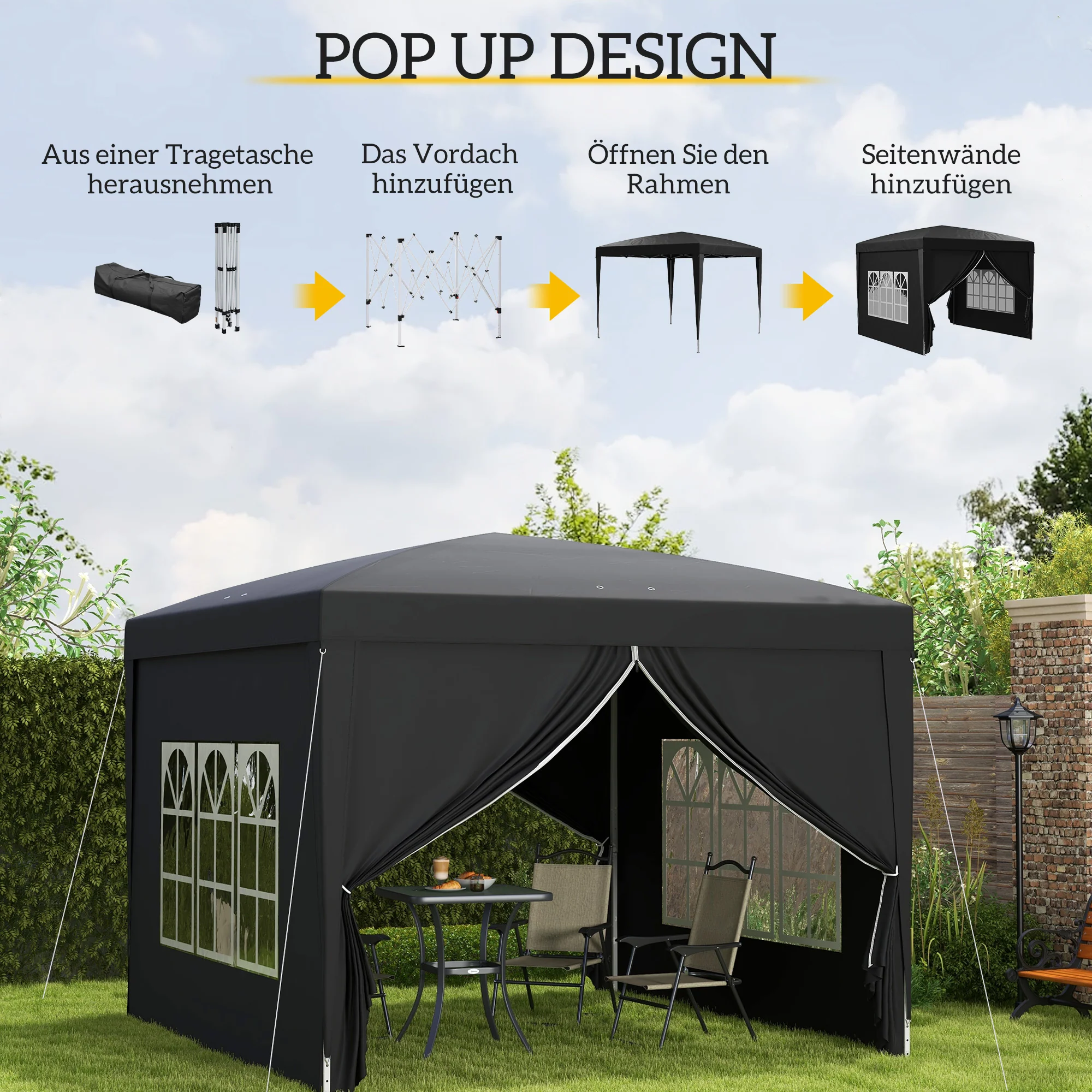 Gazebo 3x3m, Water-Repellent Pop-Up Folding, Black - Image 4
