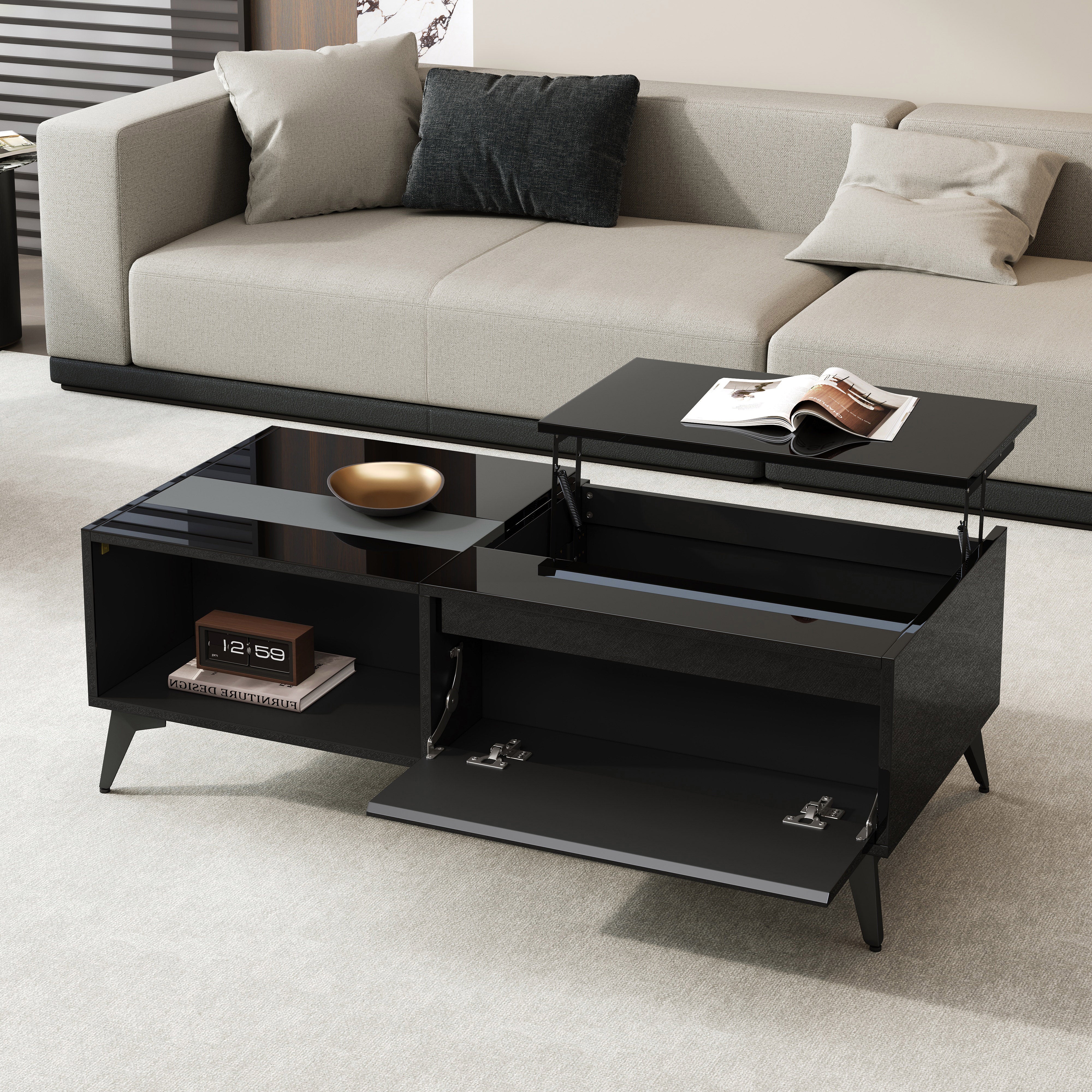 High-Gloss Coffee Table Height-Adjustable Folding Dining Table - Black - Image 10