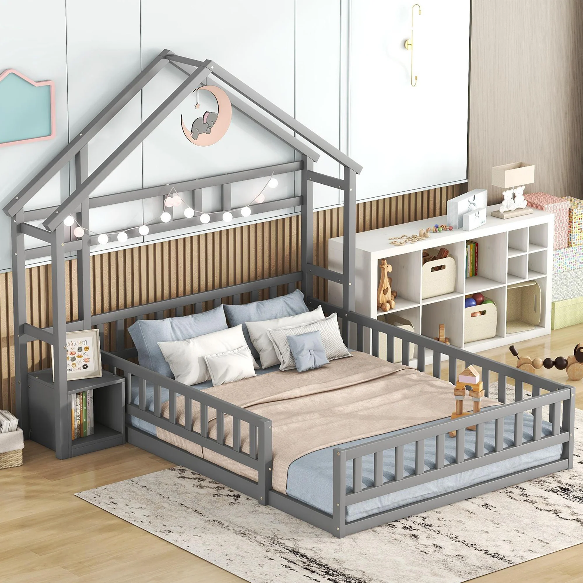 House Bed 140x190cm Railings Bedside Tables - Grey
