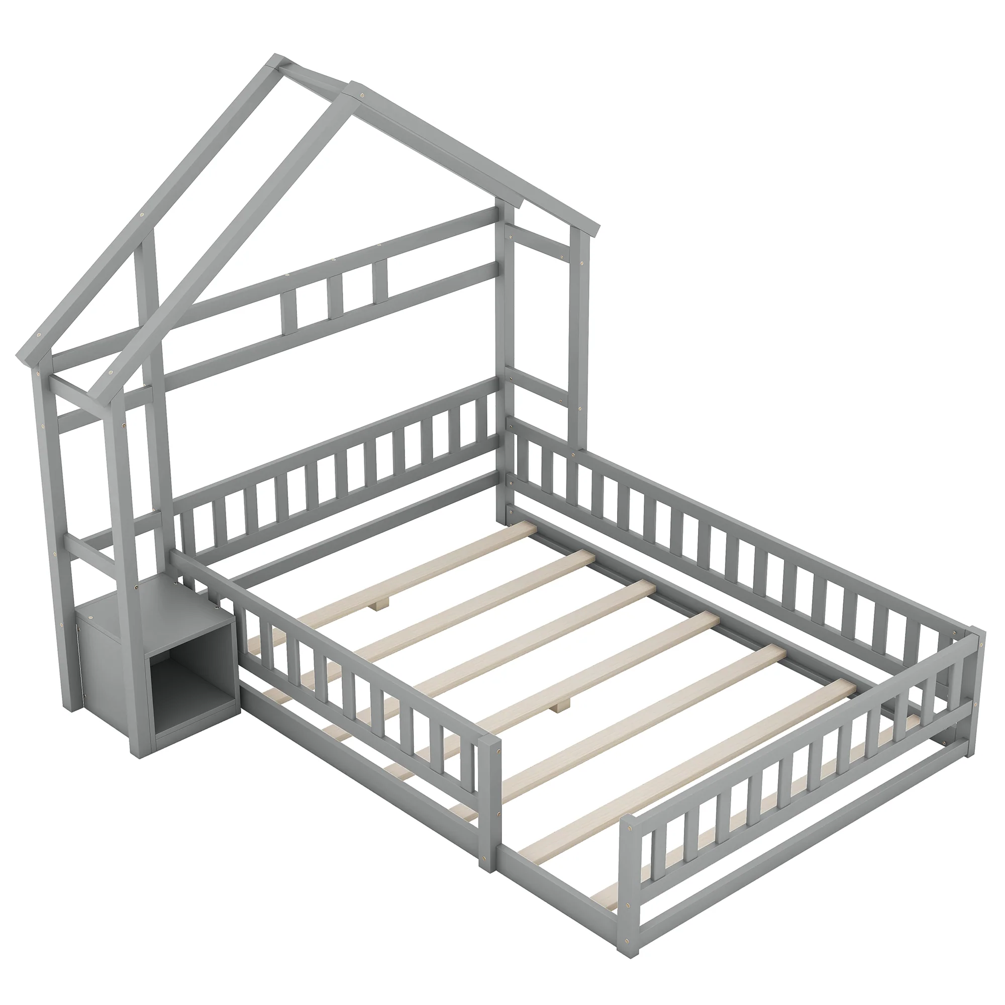 House Bed 140x190cm Railings Bedside Tables - Grey - Image 10