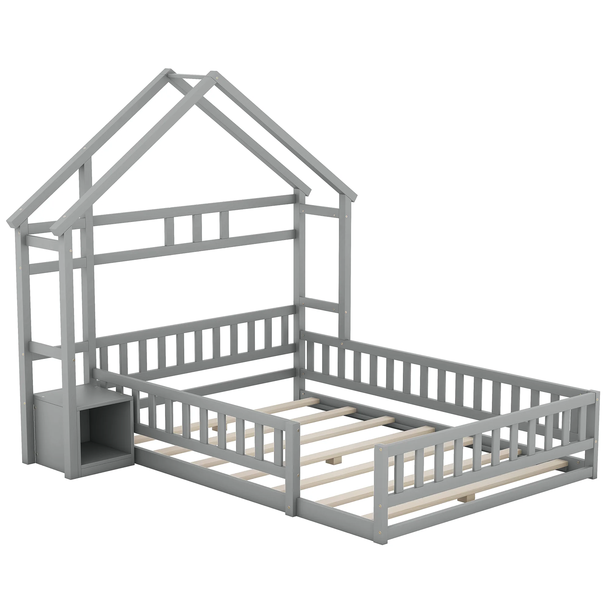 House Bed 140x190cm Railings Bedside Tables - Grey - Image 6