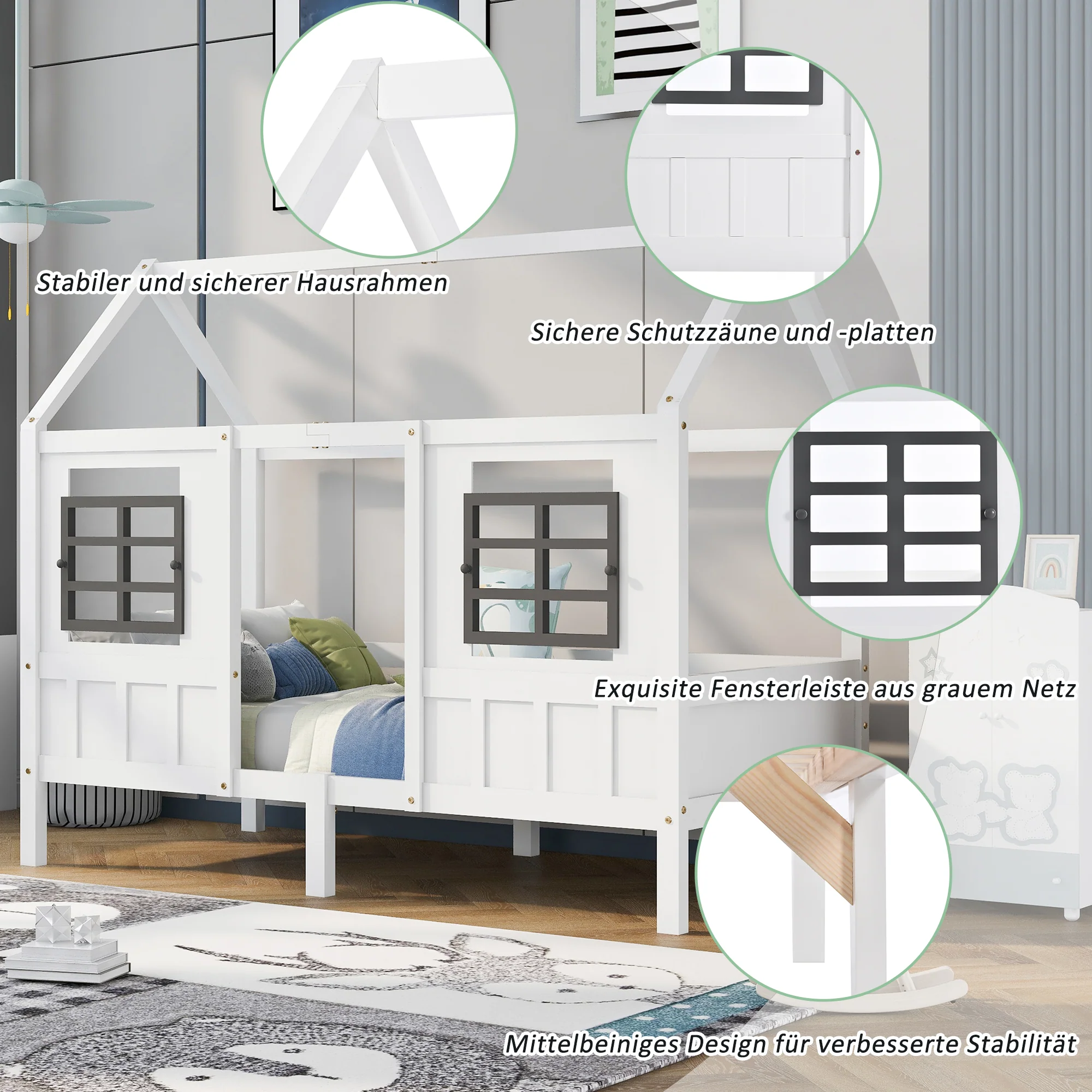 House Bed, Single Day Children's Bed with 2 Windows, Pine MDF, White - Image 6