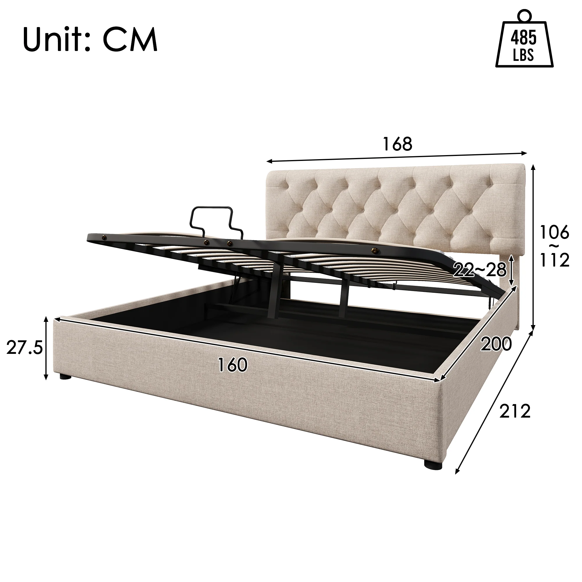 Hydraulic Double Bed, 160x200cm Upholstered with Storage, Natural - Image 2