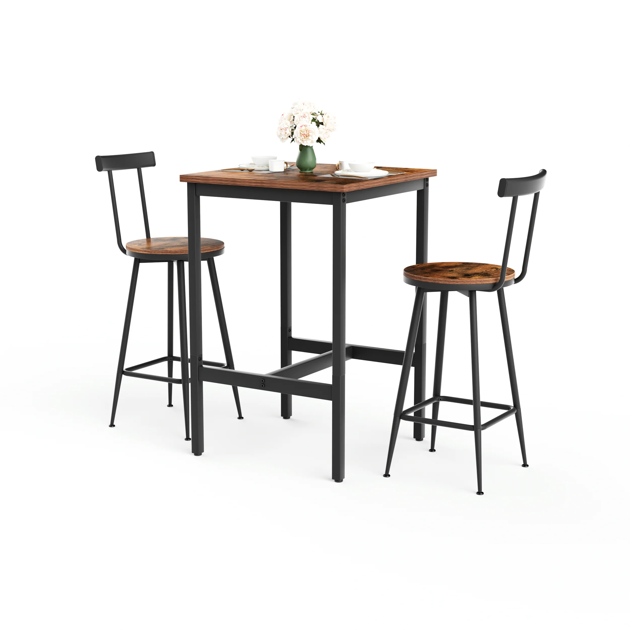 Industrial Bar Table and Stool Set with 2 Chairs and Metal Frame, Rustic Brown