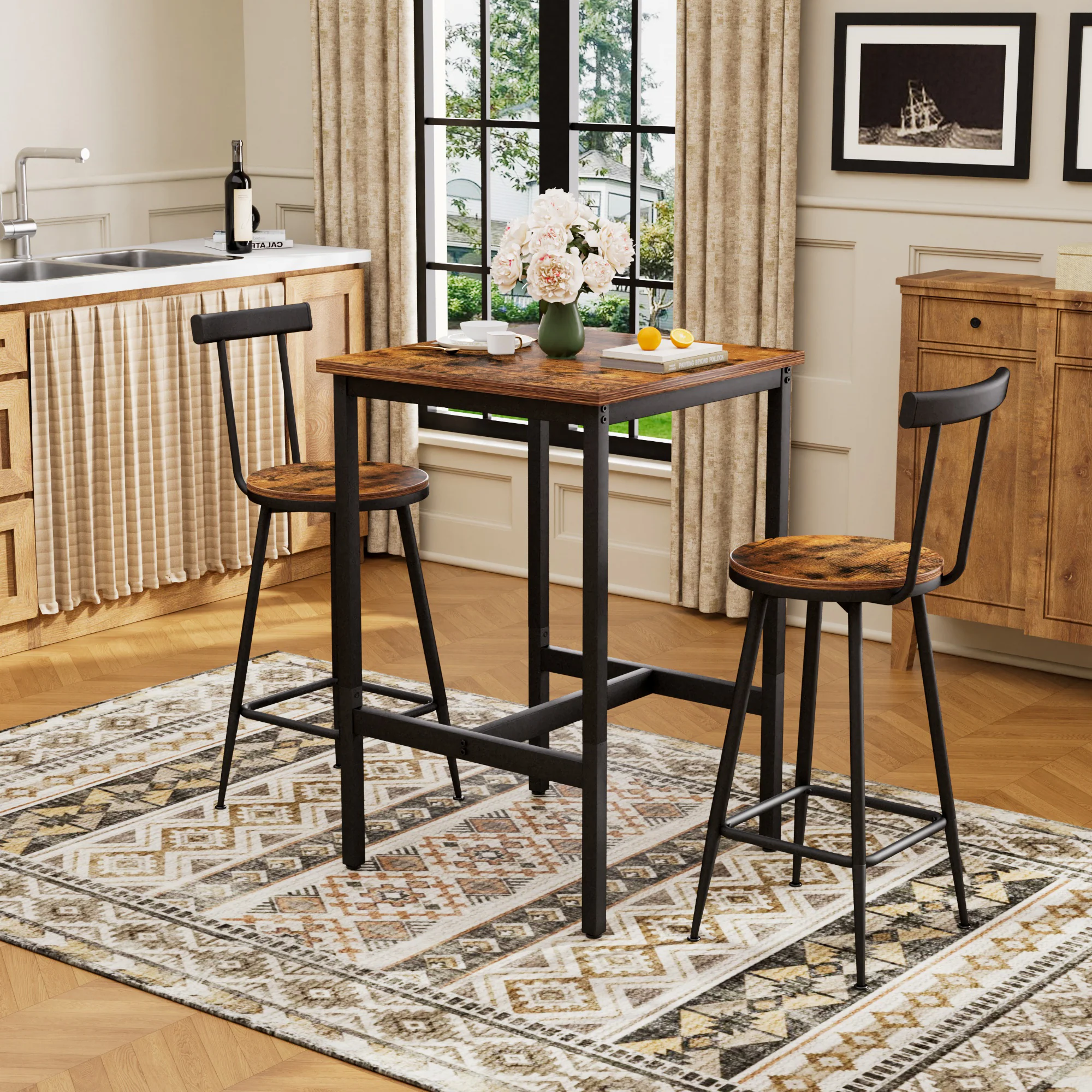 Industrial Bar Table and Stool Set with 2 Chairs and Metal Frame, Rustic Brown - Image 2