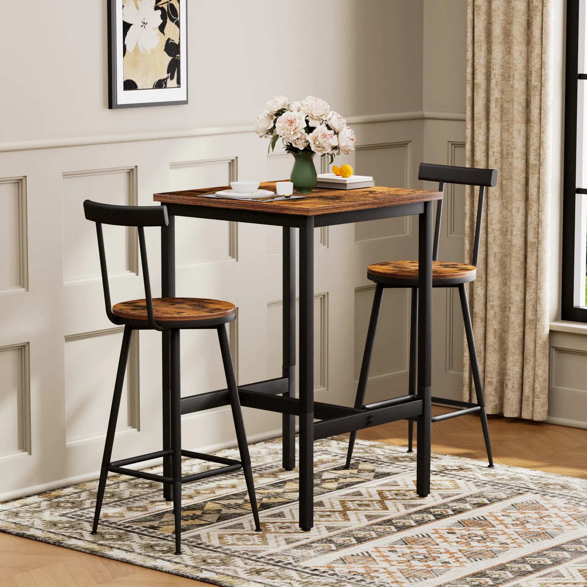 Industrial Bar Table and Stool Set with 2 Chairs and Metal Frame, Rustic Brown - Image 3