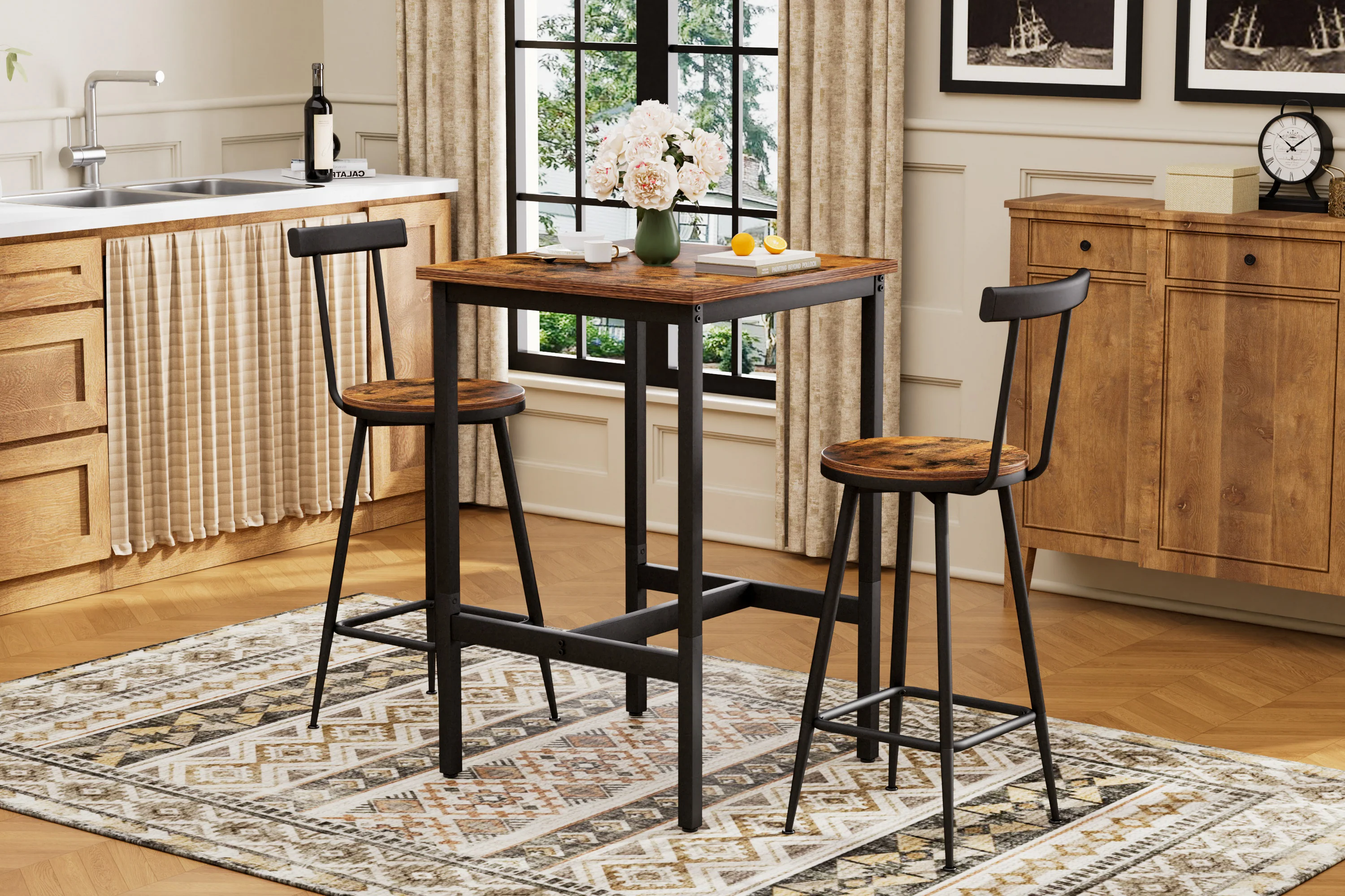 Industrial Bar Table and Stool Set with 2 Chairs and Metal Frame, Rustic Brown - Image 4