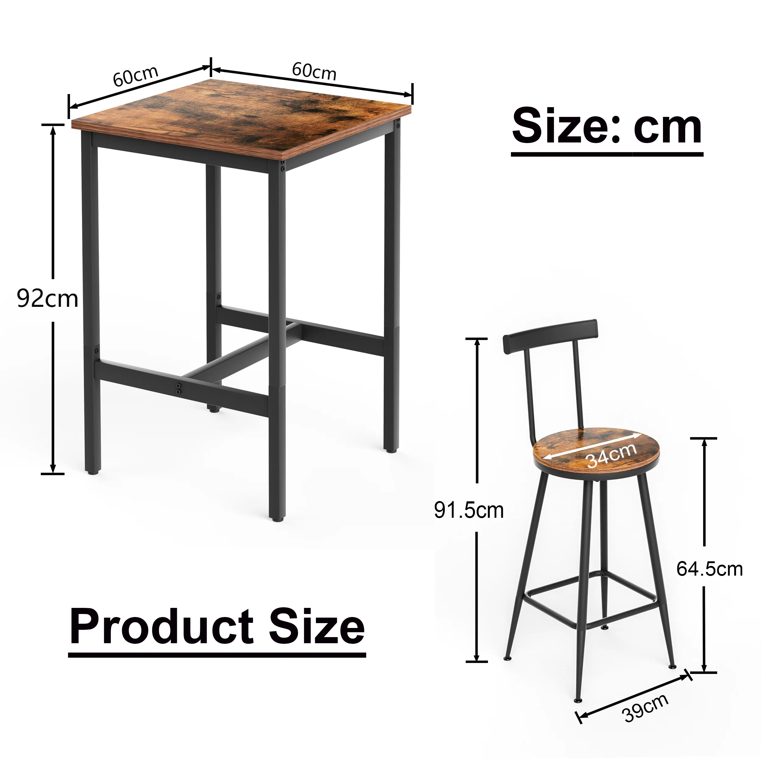 Industrial Bar Table and Stool Set with 2 Chairs and Metal Frame, Rustic Brown - Image 5