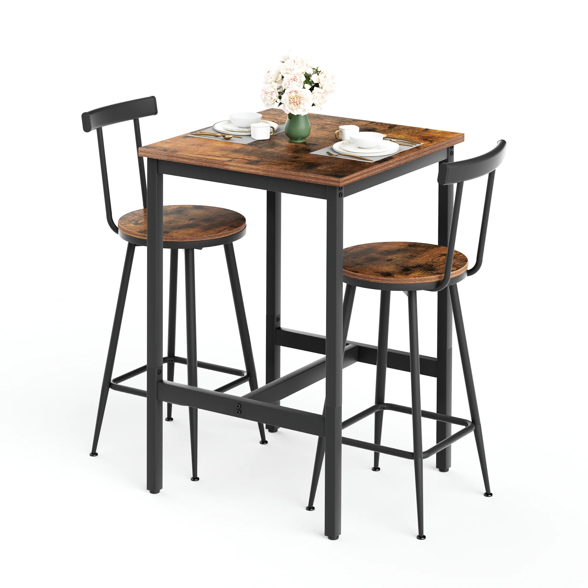 Industrial Bar Table and Stool Set with 2 Chairs and Metal Frame, Rustic Brown - Image 6
