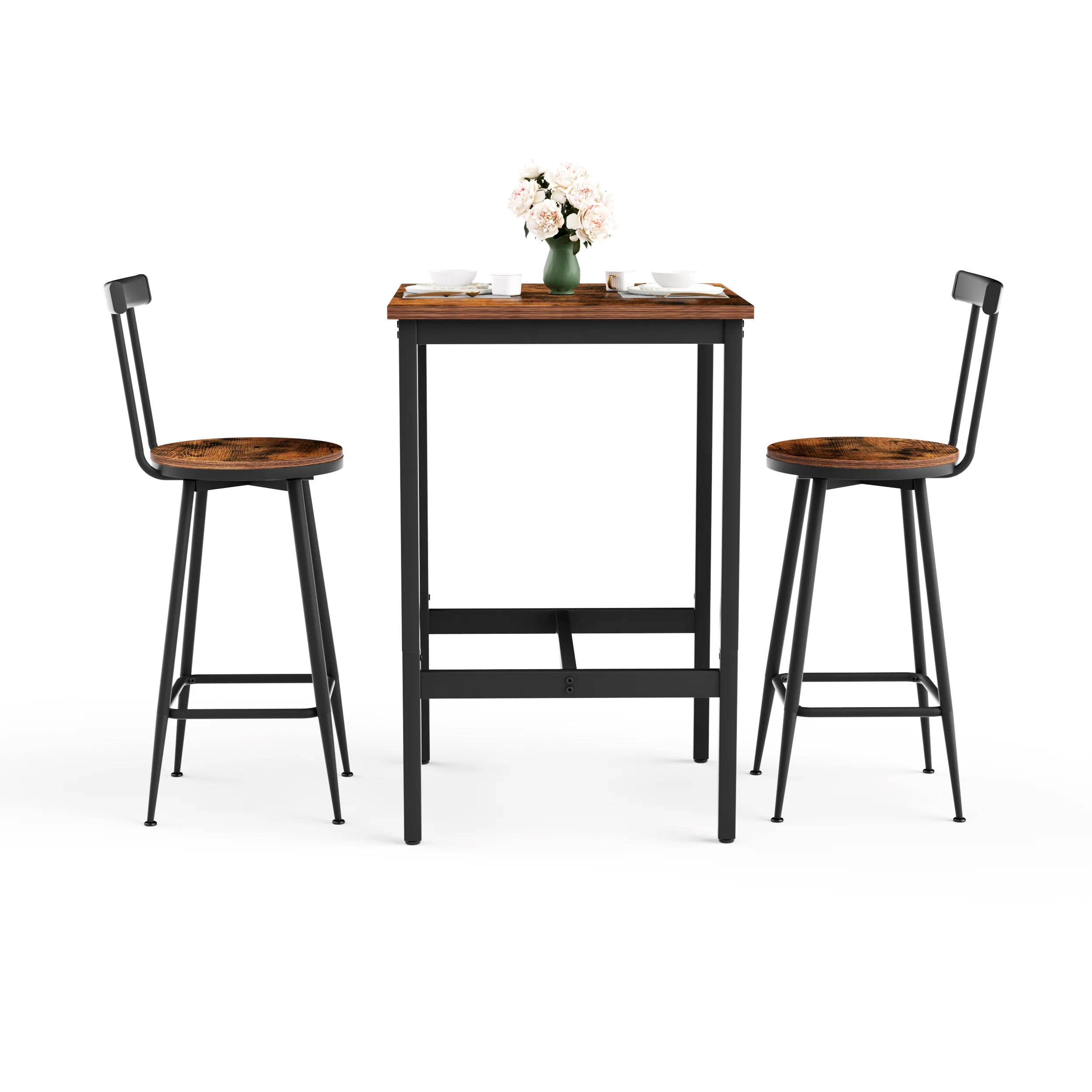 Industrial Bar Table and Stool Set with 2 Chairs and Metal Frame, Rustic Brown - Image 7