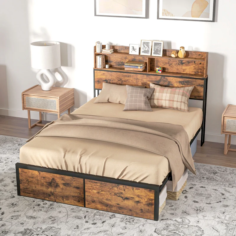 Industrial Double Bed Frame Storage Headboard Steel Rustic Brown