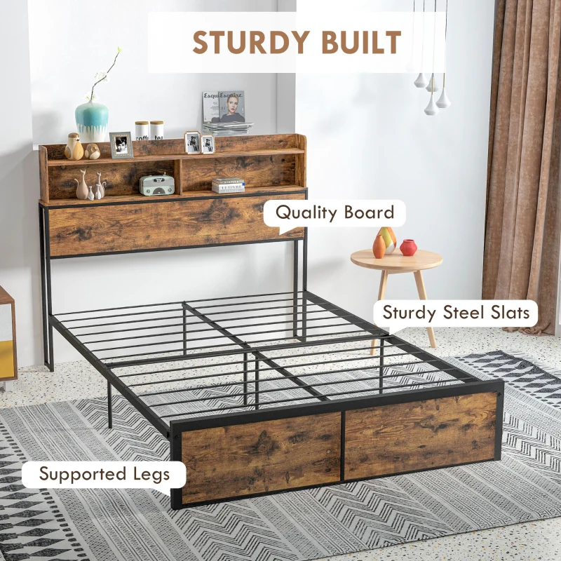 Industrial Double Bed Frame Storage Headboard Steel Rustic Brown - Image 7