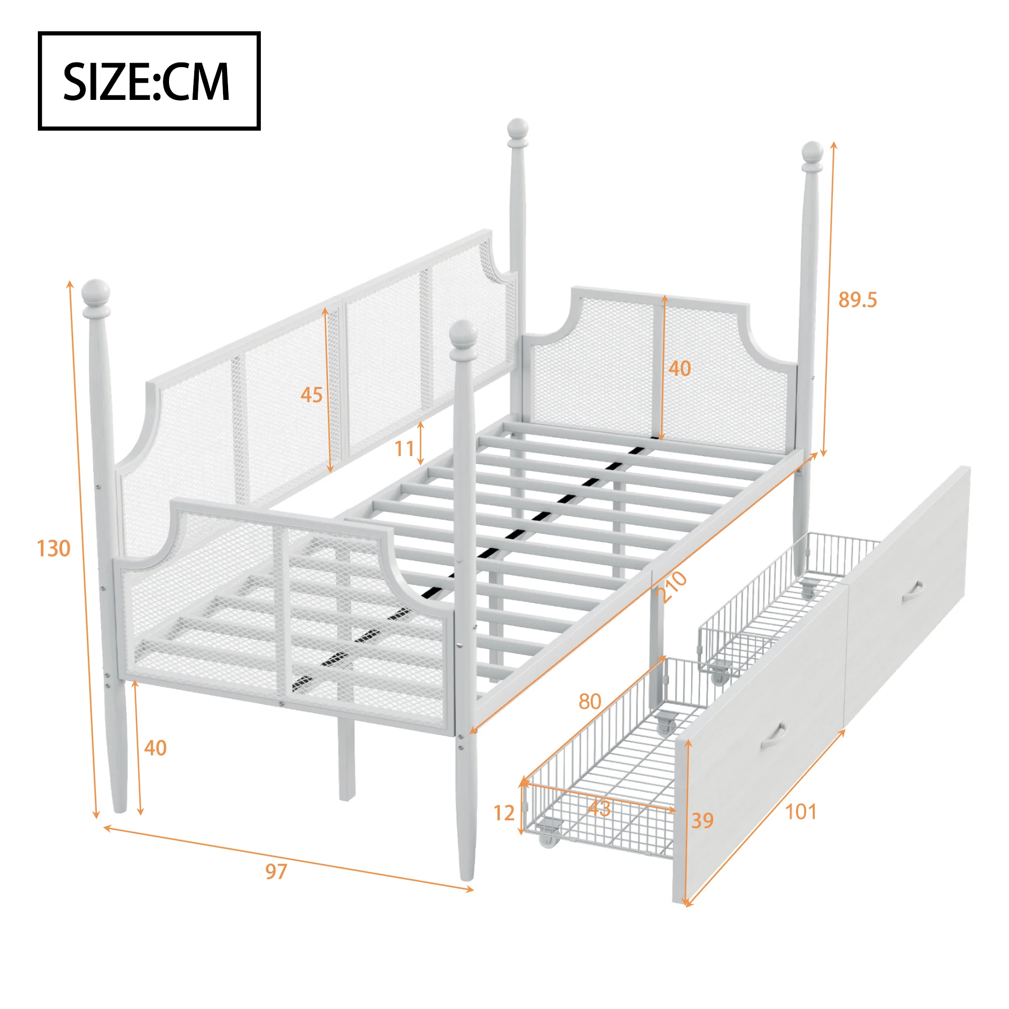 Iron Sofa Bed, 90x200 Vintage Mesh with Storage, White - Image 10