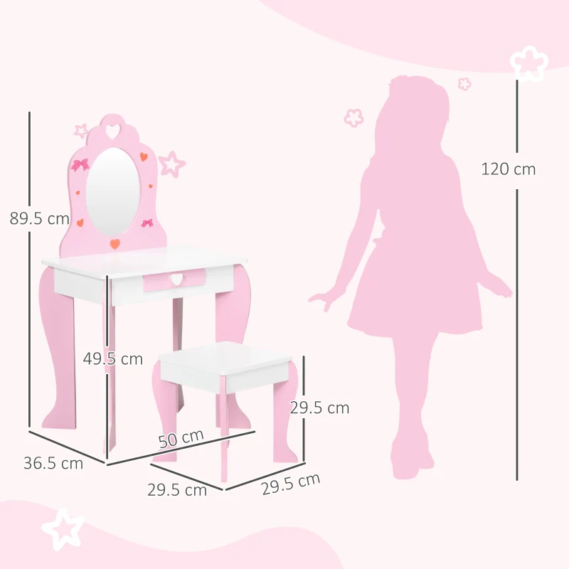 Kids Dressing Table Set w/ Mirror, Stool & Drawer, Pink - Image 3