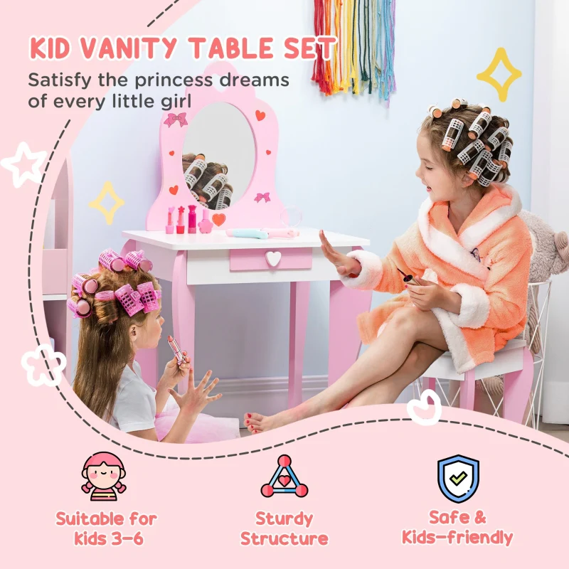 Kids Dressing Table Set w/ Mirror, Stool & Drawer, Pink - Image 4