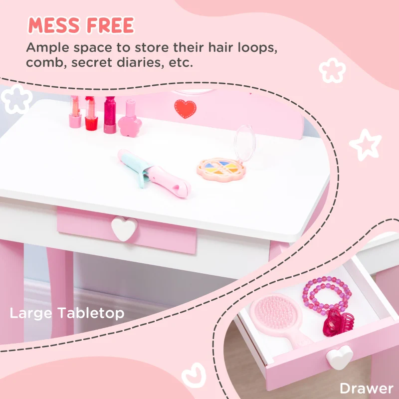 Kids Dressing Table Set w/ Mirror, Stool & Drawer, Pink - Image 5