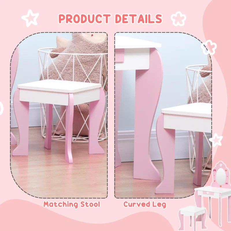 Kids Dressing Table Set w/ Mirror, Stool & Drawer, Pink - Image 6