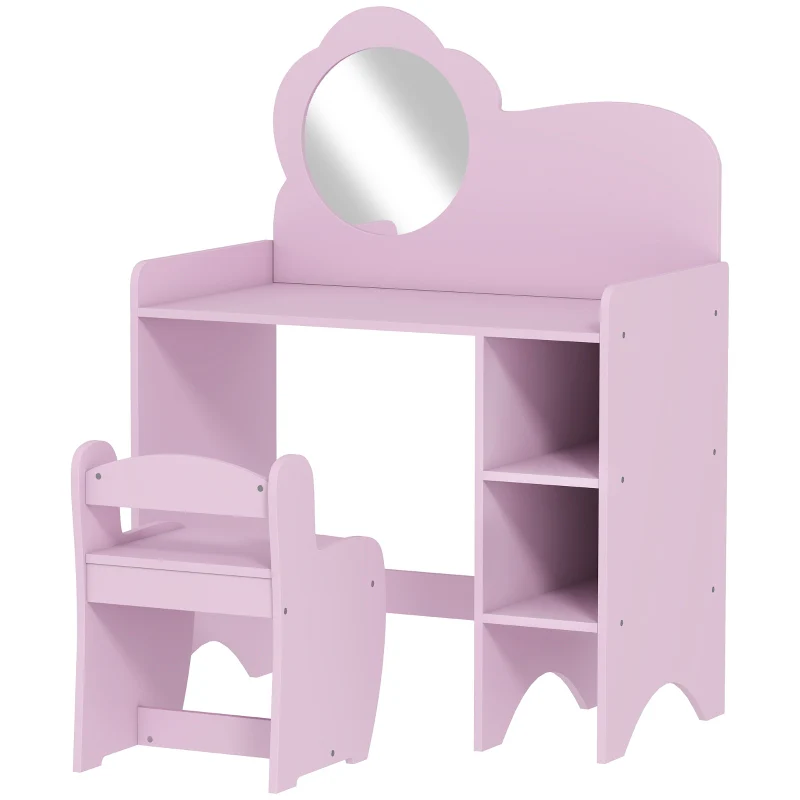 Kids Dressing Table, Vanity Set with Mirror Stool and Shelves, Purple - Image 2