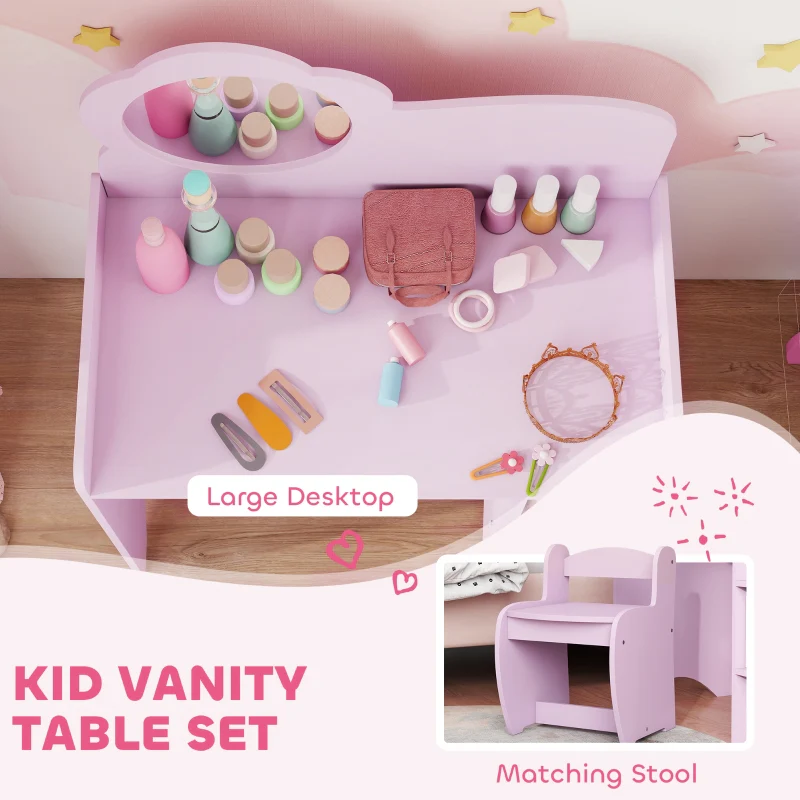 Kids Dressing Table, Vanity Set with Mirror Stool and Shelves, Purple - Image 3