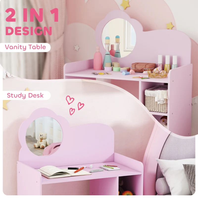 Kids Dressing Table, Vanity Set with Mirror Stool and Shelves, Purple - Image 4
