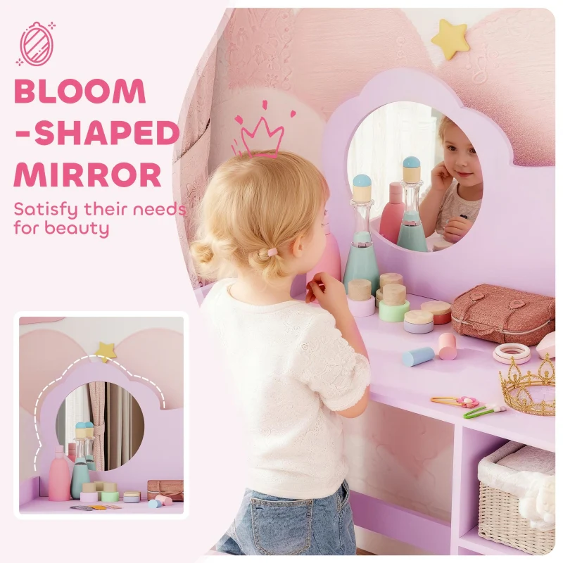 Kids Dressing Table, Vanity Set with Mirror Stool and Shelves, Purple - Image 5