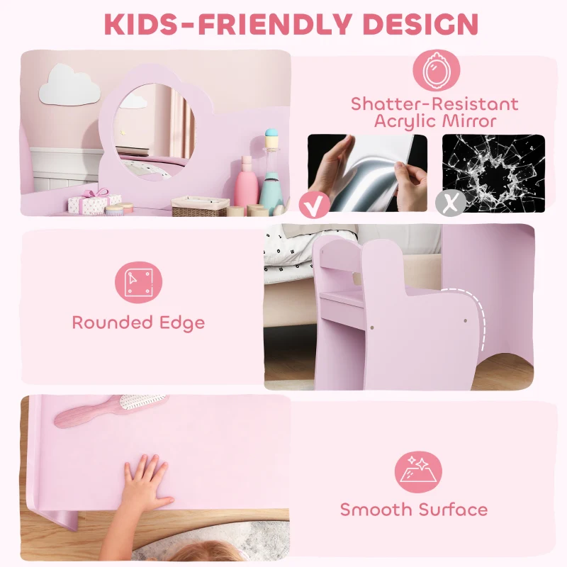Kids Dressing Table, Vanity Set with Mirror Stool and Shelves, Purple - Image 6