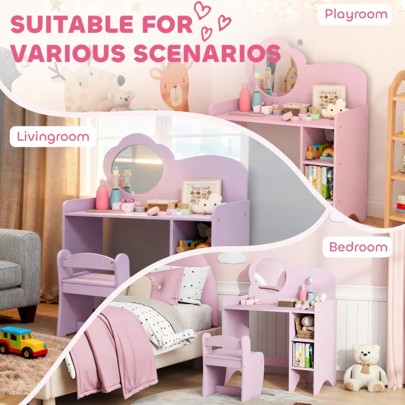 Kids Dressing Table, Vanity Set with Mirror Stool and Shelves, Purple - Image 7