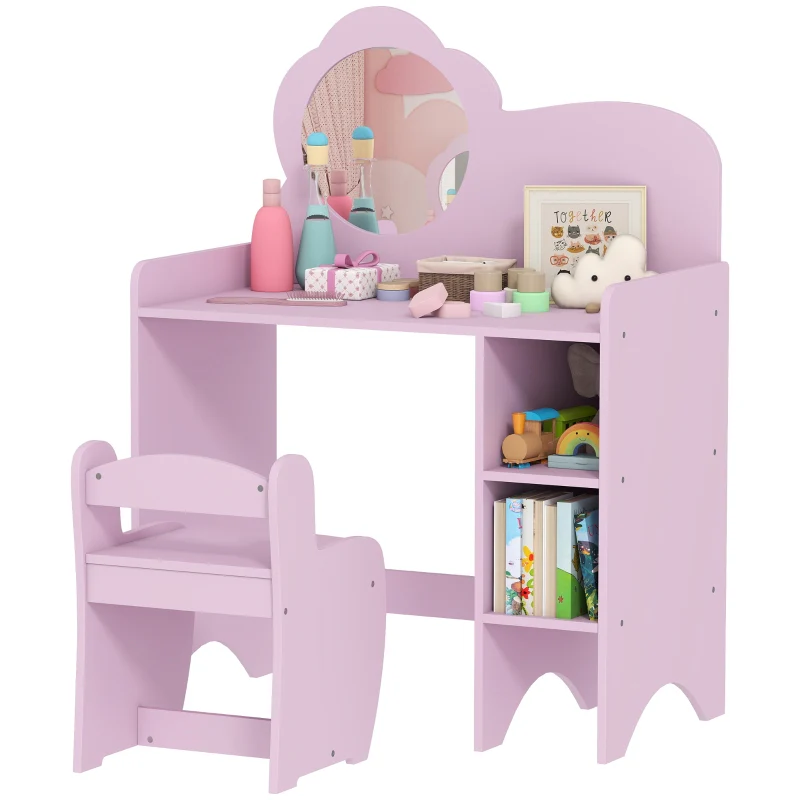 Kids Dressing Table, Vanity Set with Mirror Stool and Shelves, Purple - Image 8