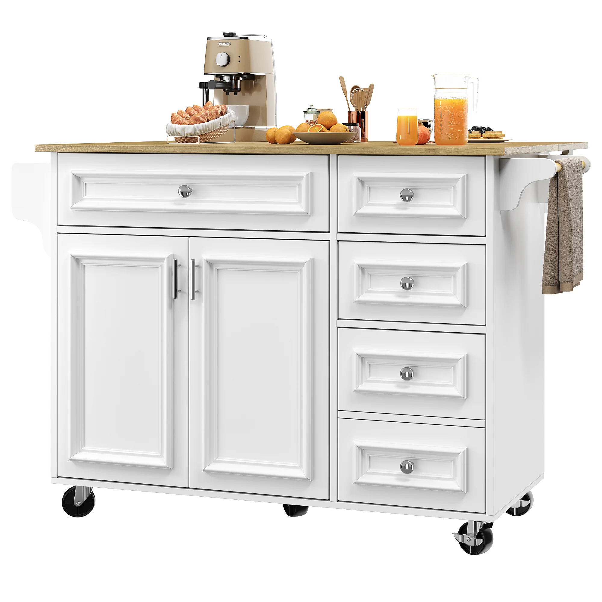 Kitchen Island Multifunctional Dining Table Removable Trolley Storage - White - Image 10
