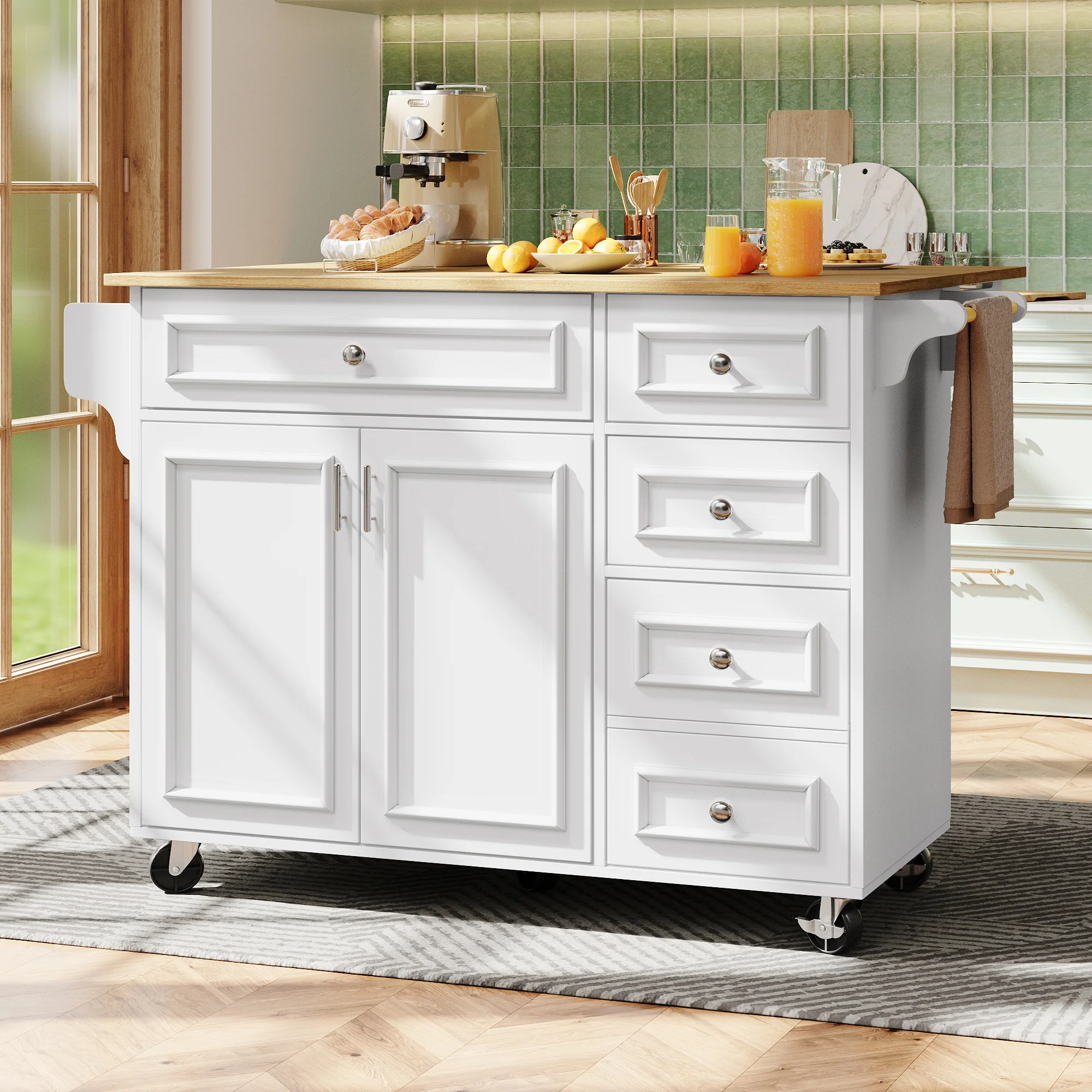 Kitchen Island Multifunctional Dining Table Removable Trolley Storage - White - Image 2