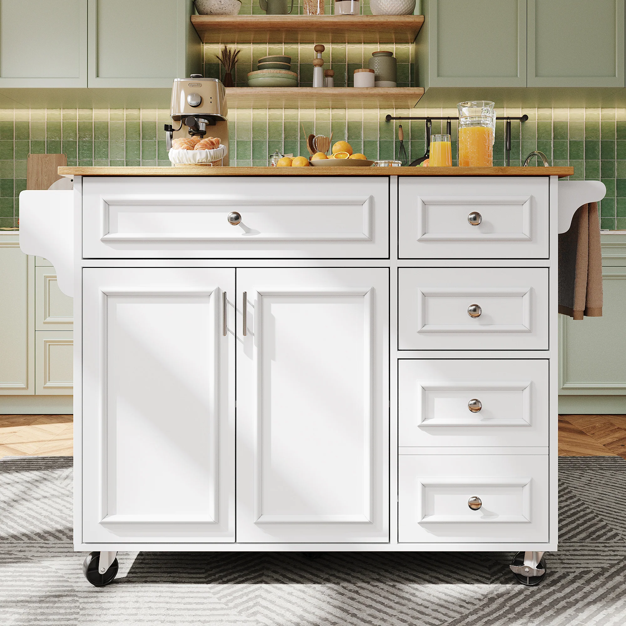 Kitchen Island Multifunctional Dining Table Removable Trolley Storage - White - Image 3
