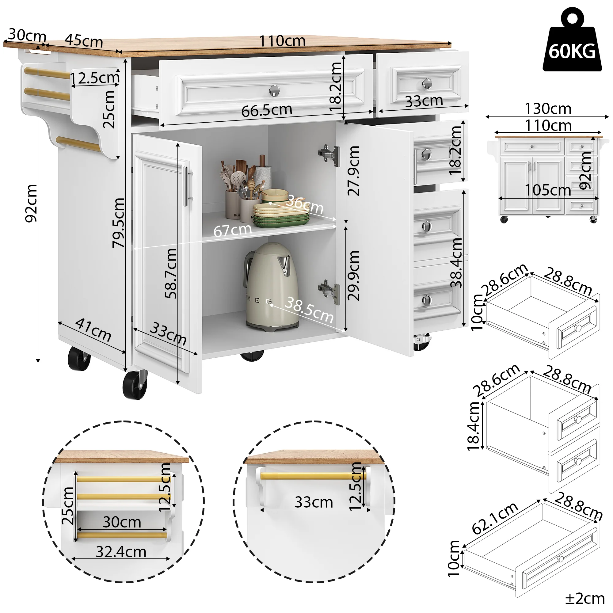 Kitchen Island Multifunctional Dining Table Removable Trolley Storage - White - Image 4