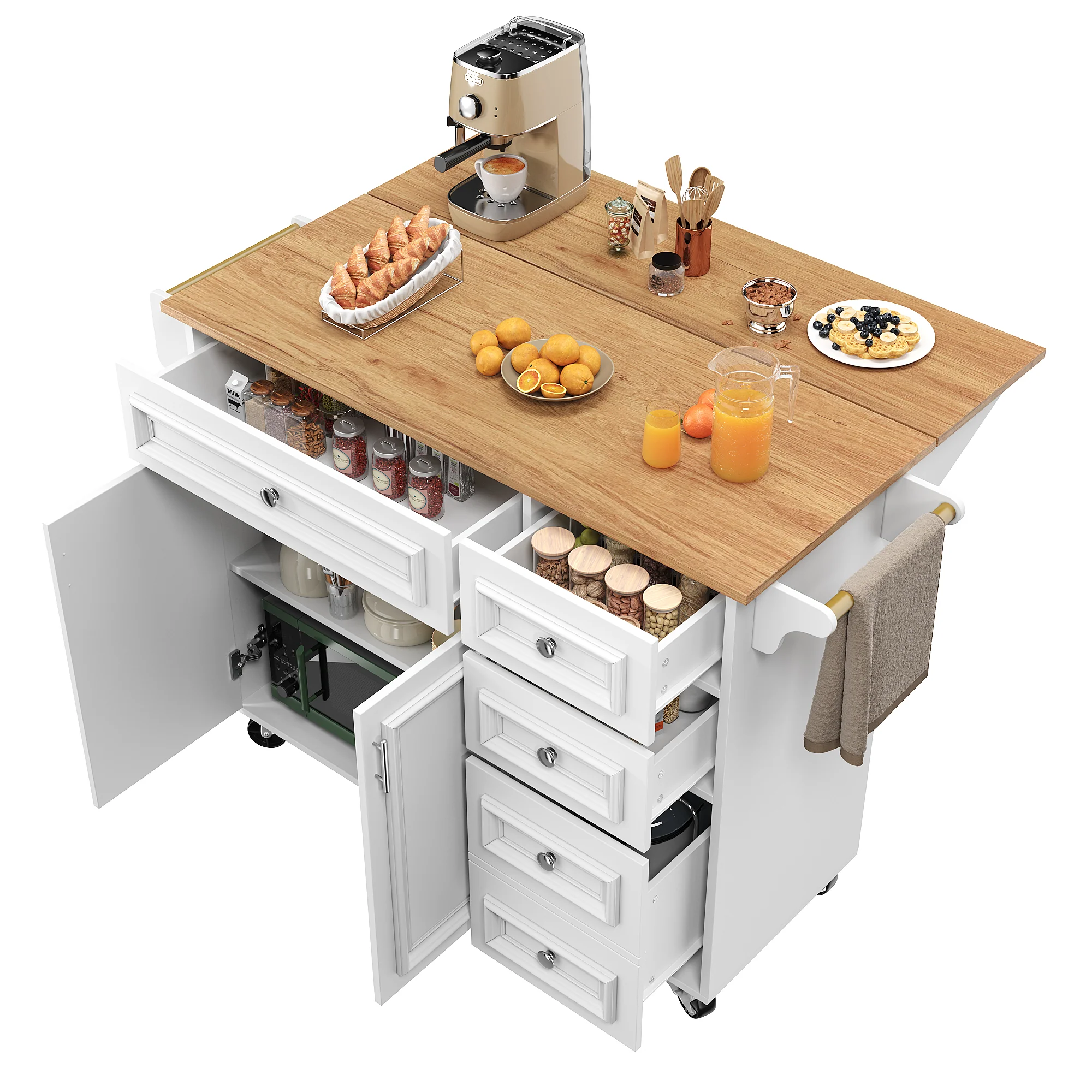 Kitchen Island Multifunctional Dining Table Removable Trolley Storage - White - Image 6