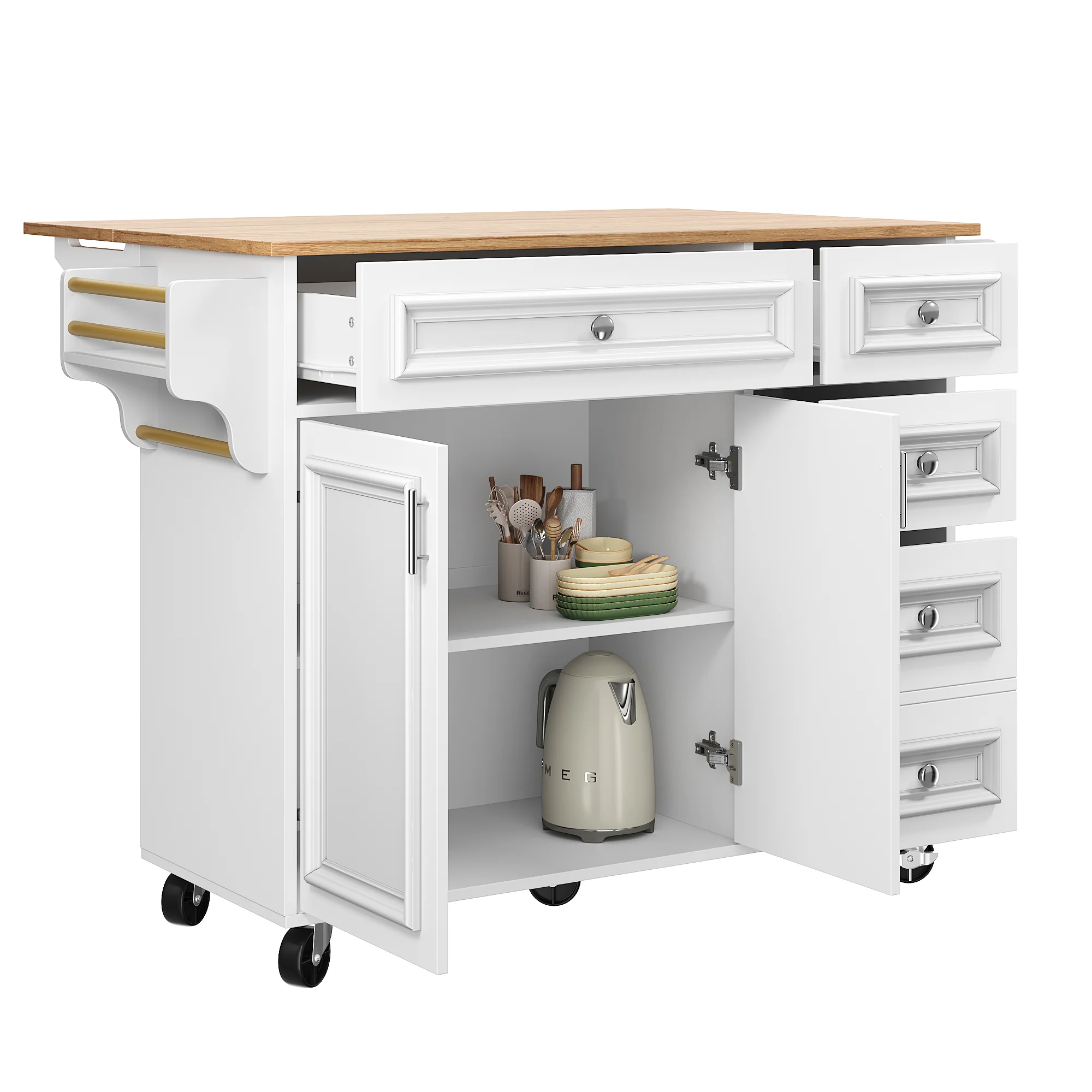 Kitchen Island Multifunctional Dining Table Removable Trolley Storage - White - Image 7