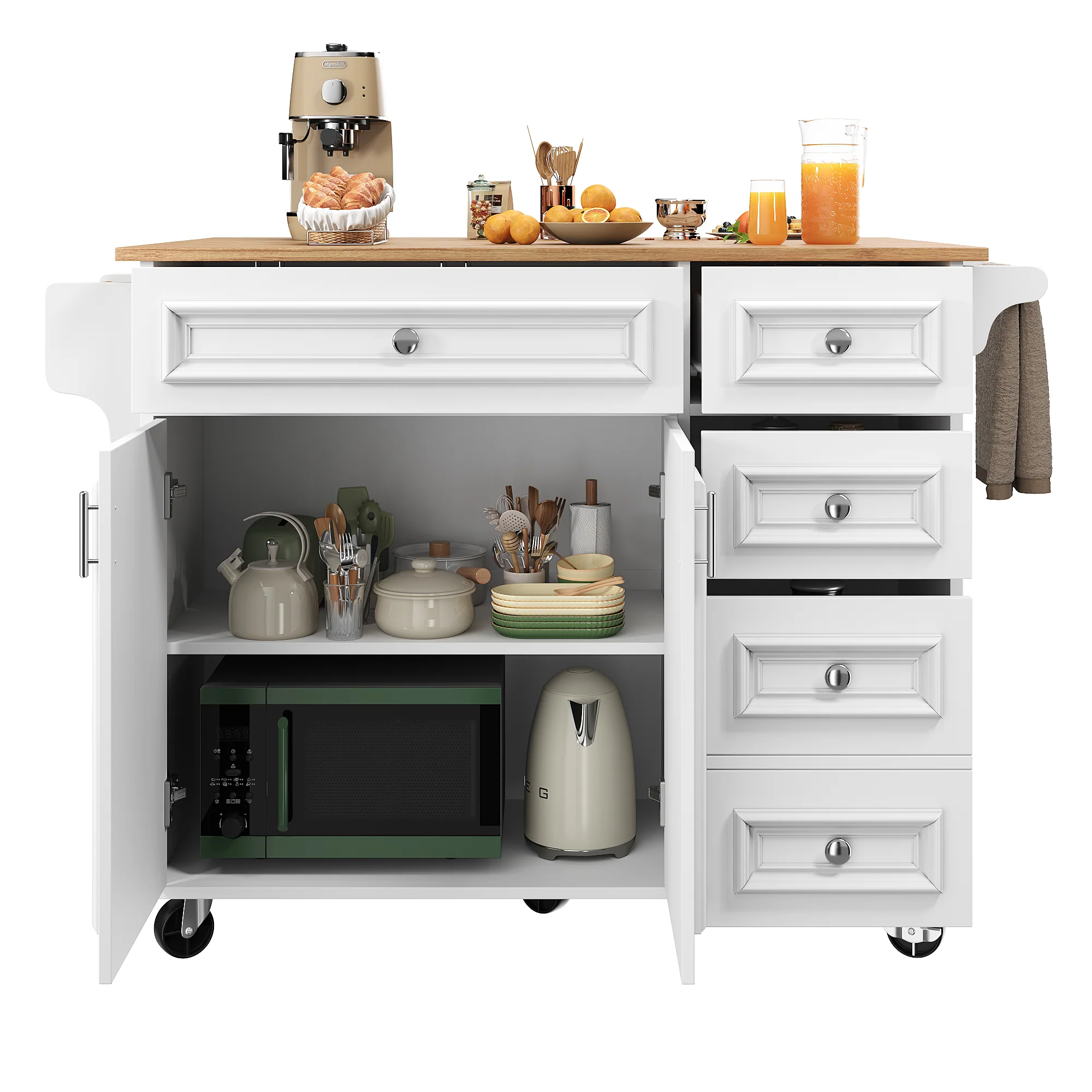 Kitchen Island Multifunctional Dining Table Removable Trolley Storage - White - Image 9