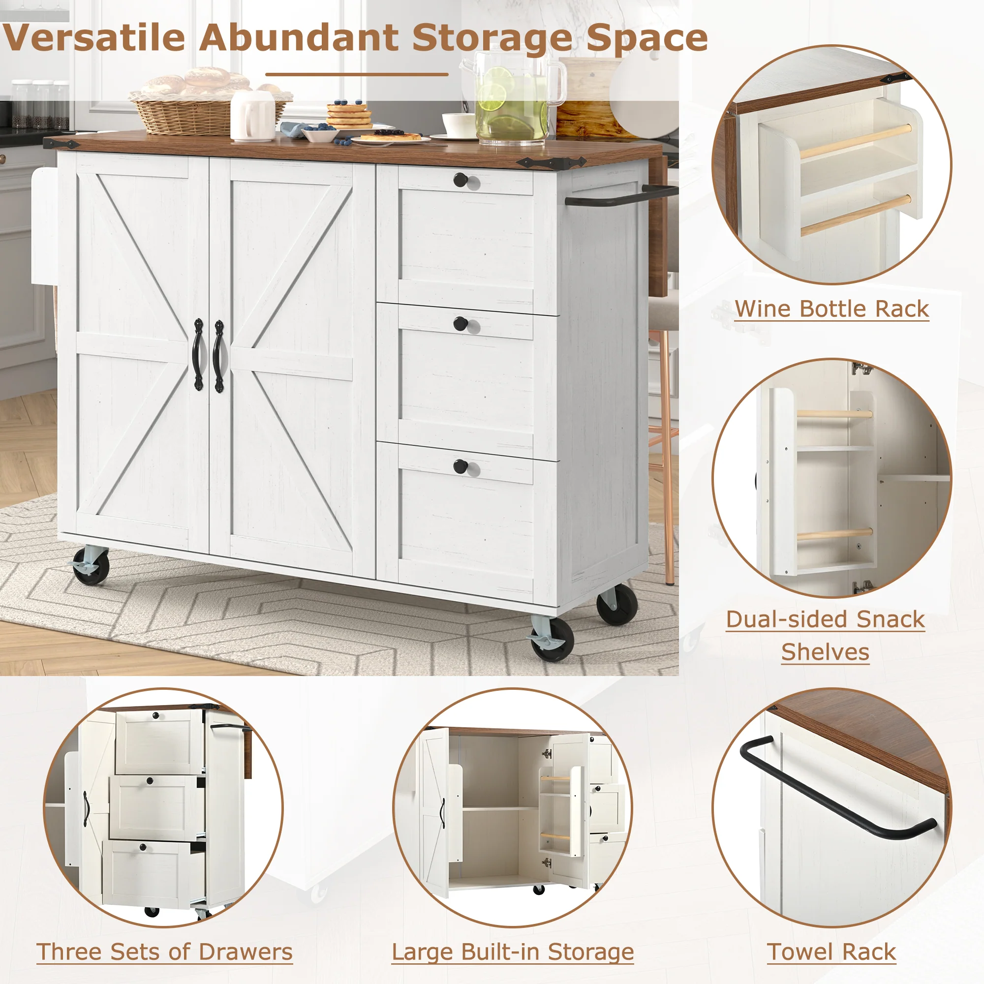 Kitchen Island Serving Trolley Extendable Worktop Storage Cabinet 2 Doors 3 Drawers, Wood Grain Finish - Image 10