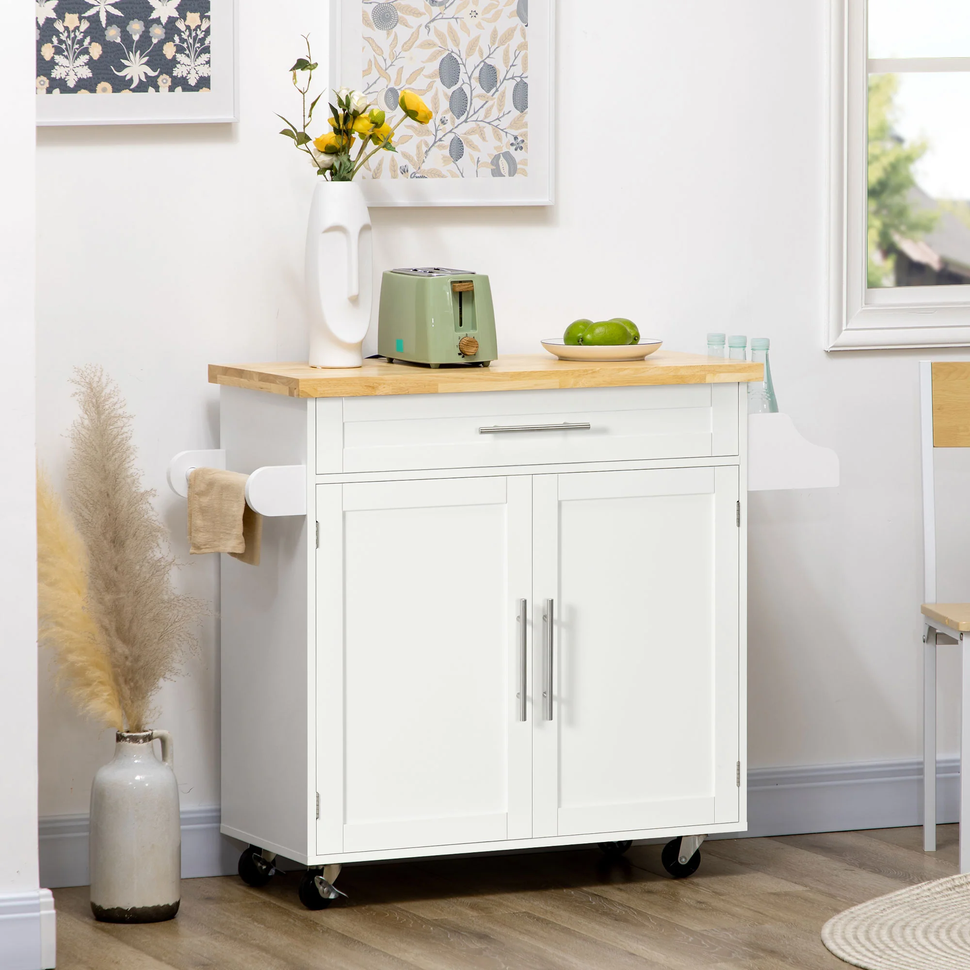 Kitchen Trolley Serving Cart Worktop Spice Rack Towel Rail White