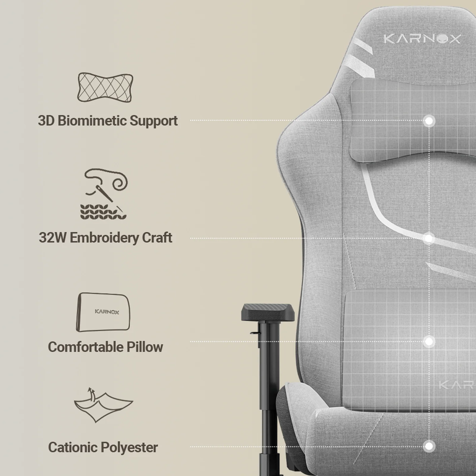 KORNOX Gaming Chair, High Back Swivel Ergonomic Support, Silver Gray Fabric - Image 6